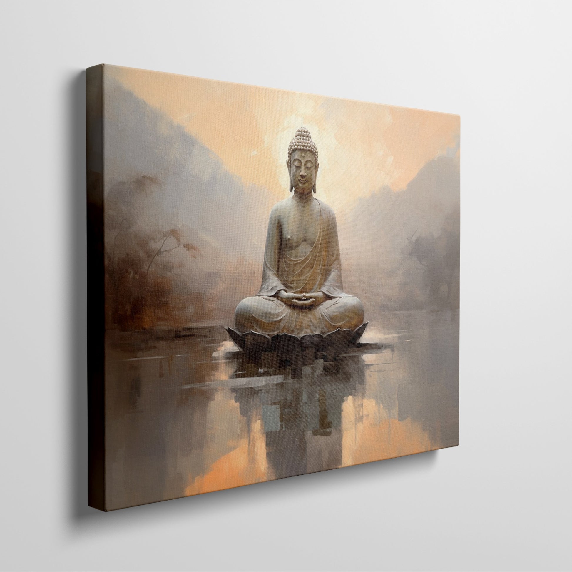 Framed canvas print of a meditative Buddha against a calming sunset and reflective water