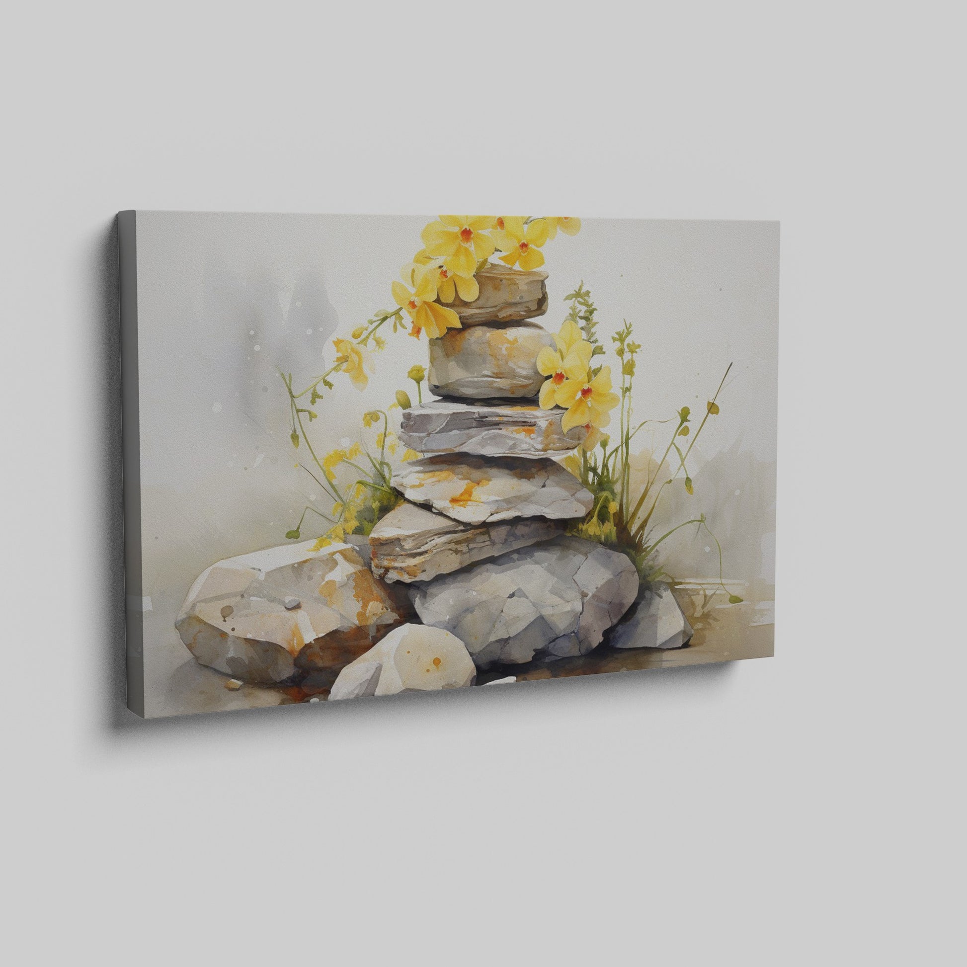 Framed canvas print of watercolour stones stacked with yellow flowers