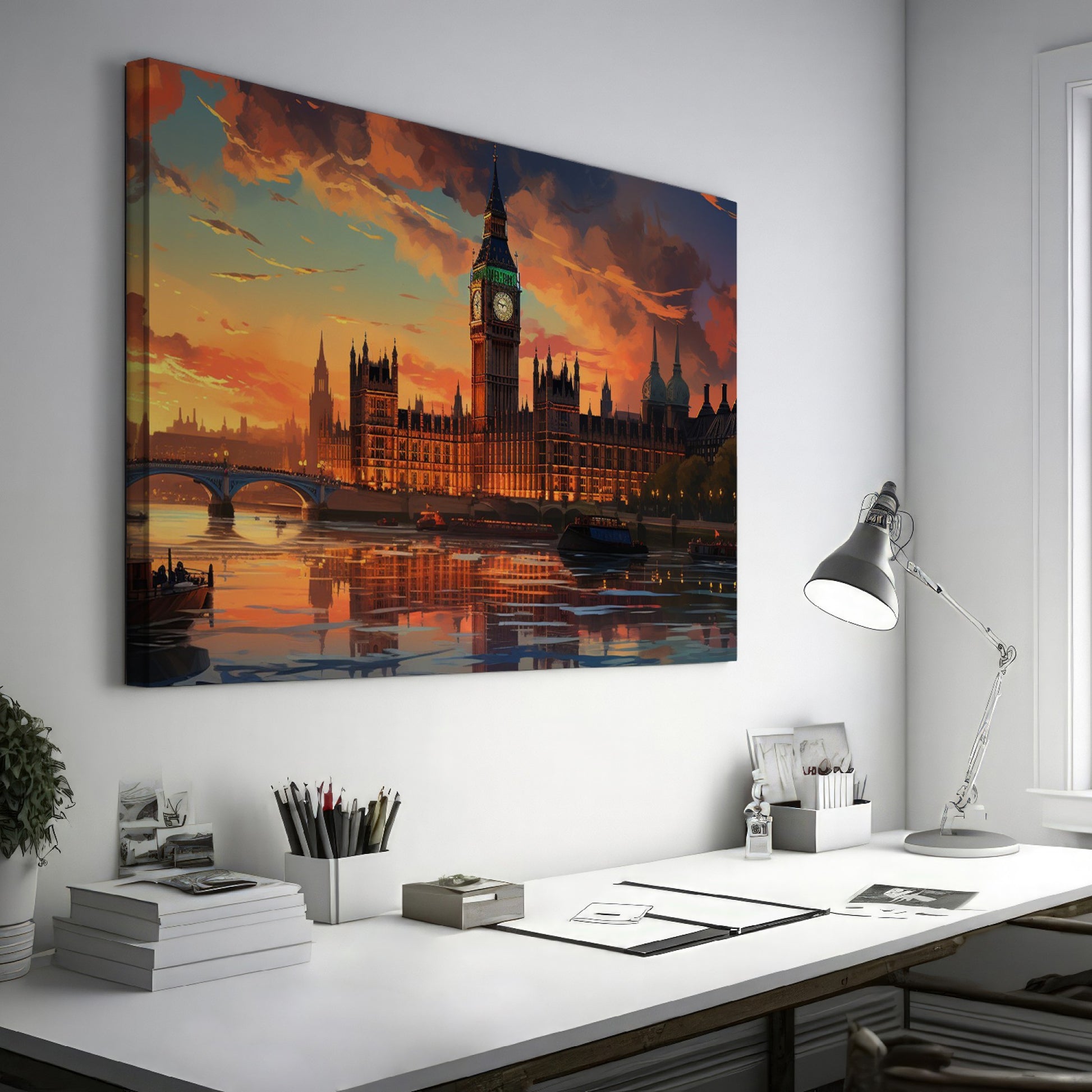 Framed canvas print of a colourful sunset over Big Ben and the London skyline, with stark reflections in the River Thames.