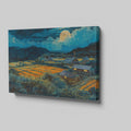 Framed canvas print of a moonlit countryside scene with vibrant fields and rustic homesteads