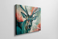 Framed canvas print of a colourful, impressionist painting of a stag with vibrant splashes of red, blue, and green