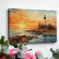 Framed canvas print of a lighthouse overlooking the ocean at sunset with vibrant sky and calm water reflections