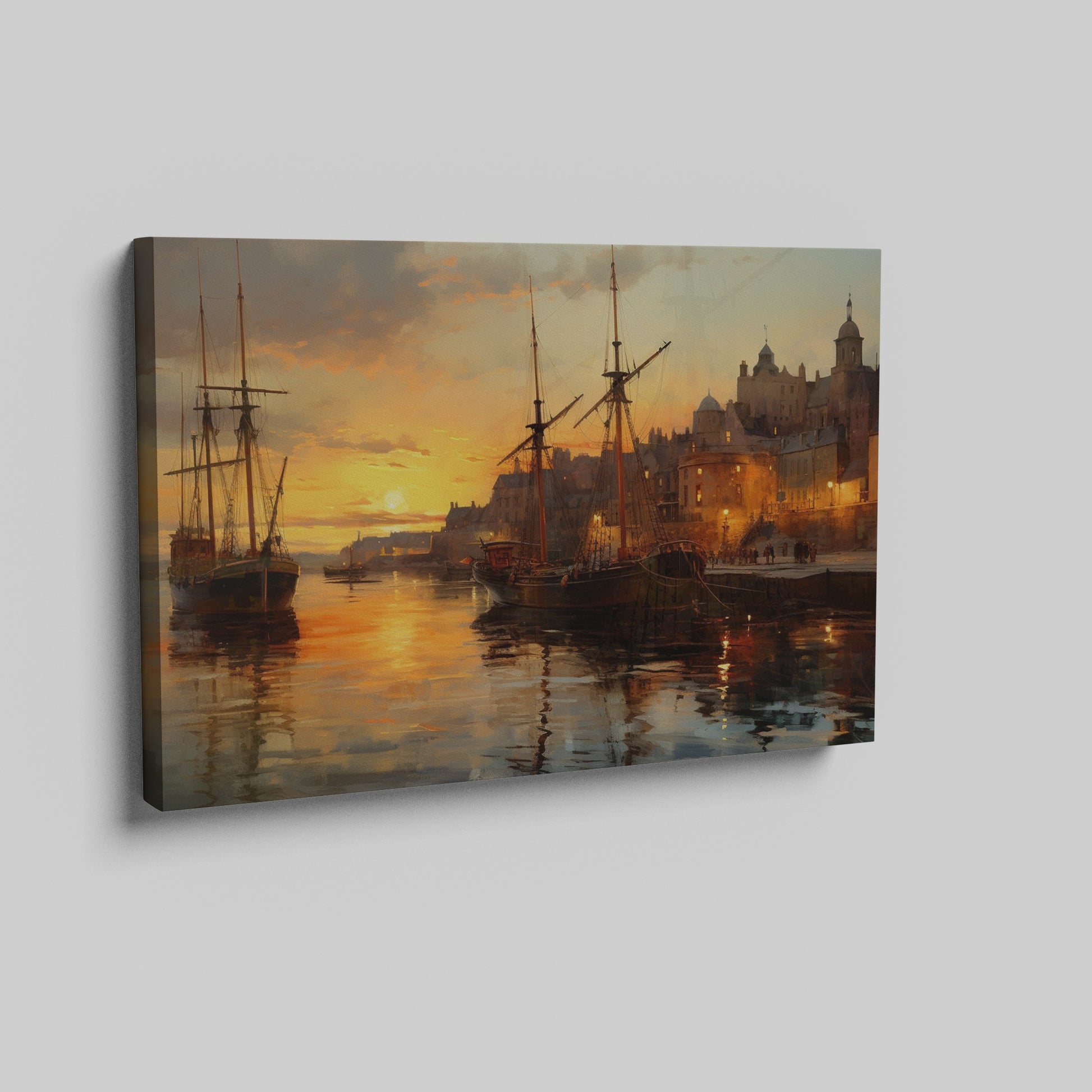 Framed canvas print of a sunset over a historic harbour with vintage ships