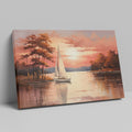 Impressionistic painting of a sailboat on a calm lake with orange and red sunset and tree silhouette reflections.