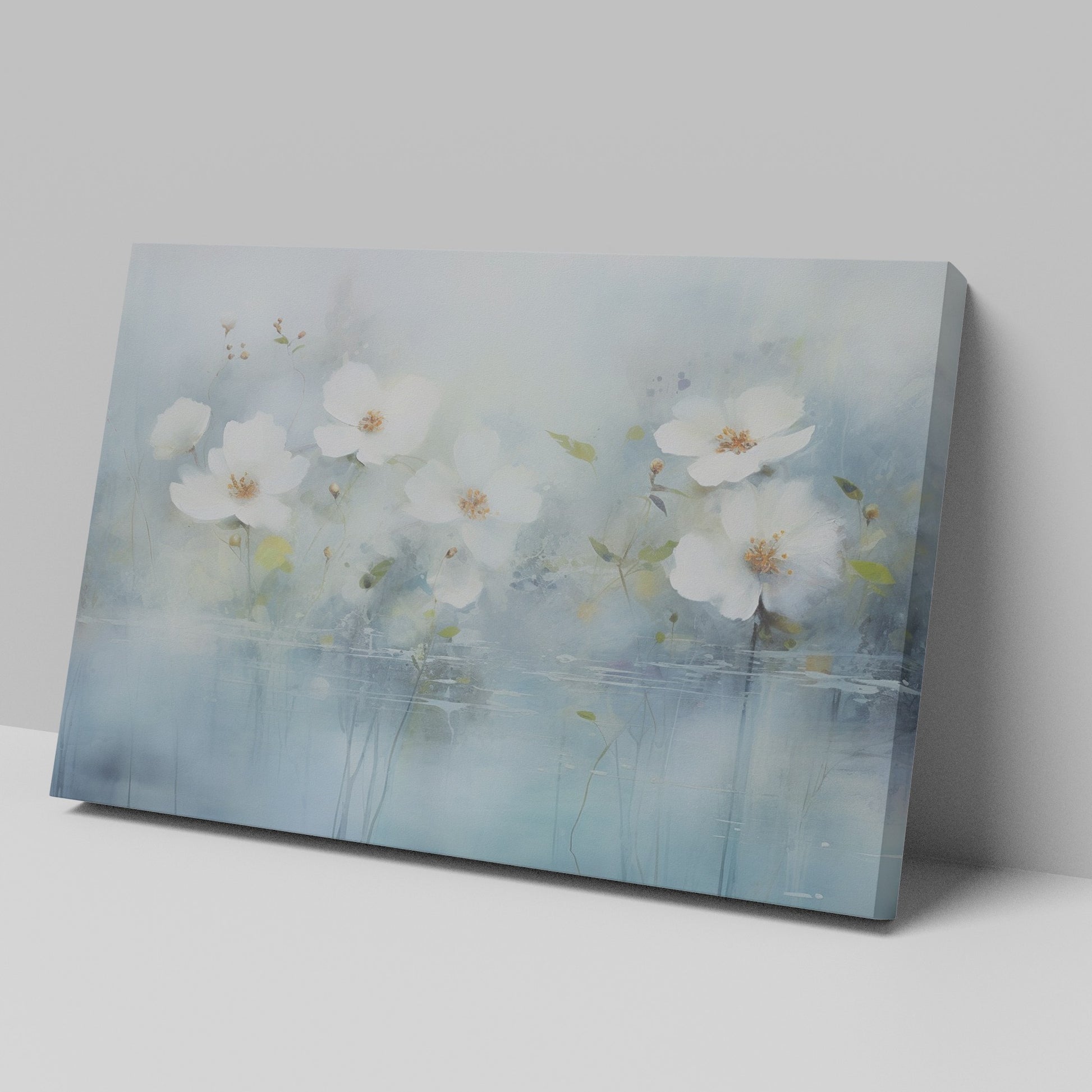 Framed canvas print of serene watercolor flowers with soft blue hues and water reflections