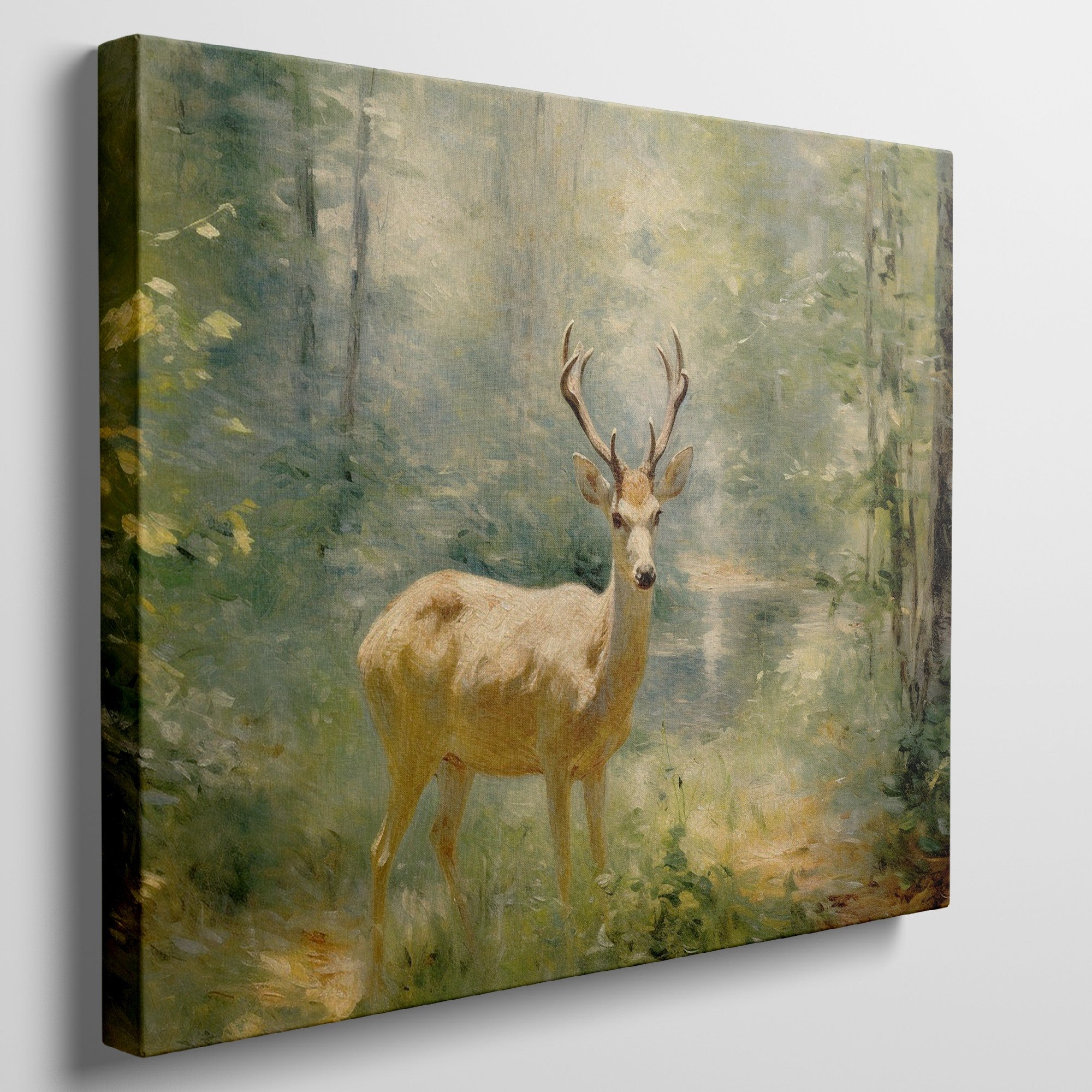 Framed canvas print of an Impressionist-style painting depicting a deer in a luminous, green forest