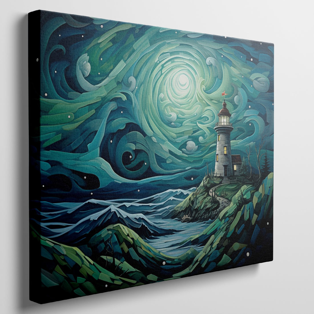 Stylized painting of a lighthouse with swirling starry night sky in greens and blues