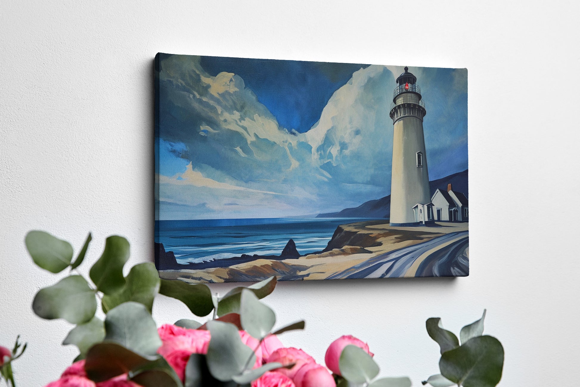 Framed canvas print of a coastal lighthouse with vibrant blue skies and ocean