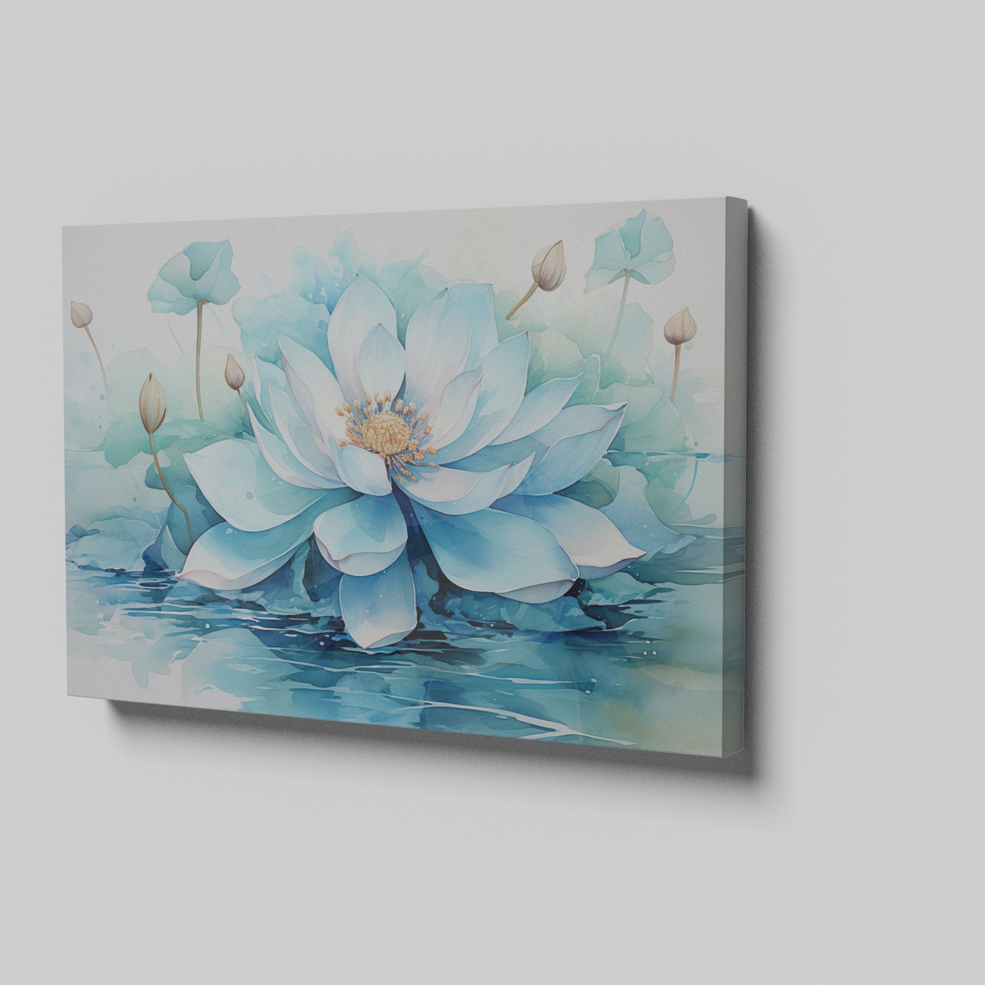 Framed canvas print of a serene watercolour lotus flower in delicate blues and whites