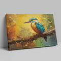 Framed canvas print of a vibrant, colourful impressionistic kingfisher perched on a branch