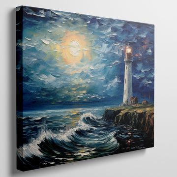 Framed canvas print of an impressionist lighthouse seascape with textured brushwork and dynamic ocean waves