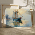 Framed canvas print of tranquil dawn light with an elegant sailing ship reflecting in the ocean