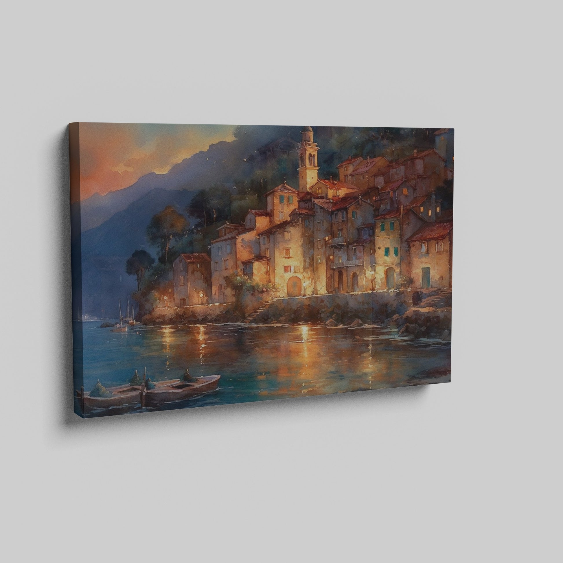 Framed canvas print of a watercolour Mediterranean village at twilight with reflections on the sea