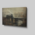 Framed canvas print of a vintage steam locomotive crossing a bridge amidst fog and autumnal trees