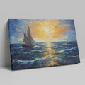 Framed canvas print of an Impressionist painting depicting a sailboat sailing on the ocean at sunset with vivid colours and bold brush strokes