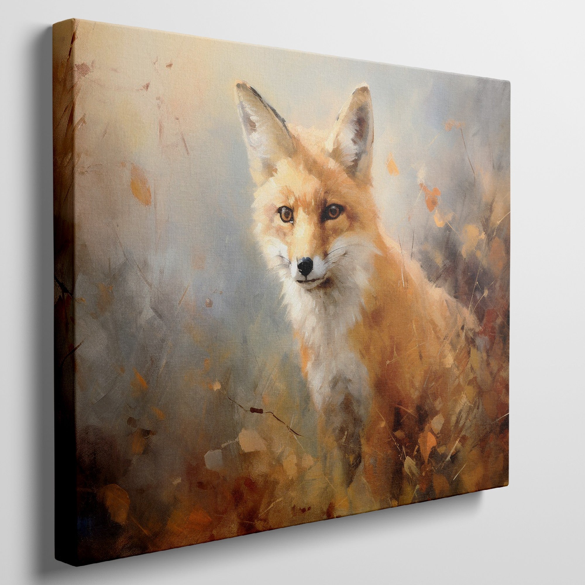 Framed canvas print of a vibrant impressionistic painting of a fox with autumnal colours