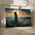 Framed canvas print of a figure in a meadow at sunset with dramatic sky and expressive brushstrokes