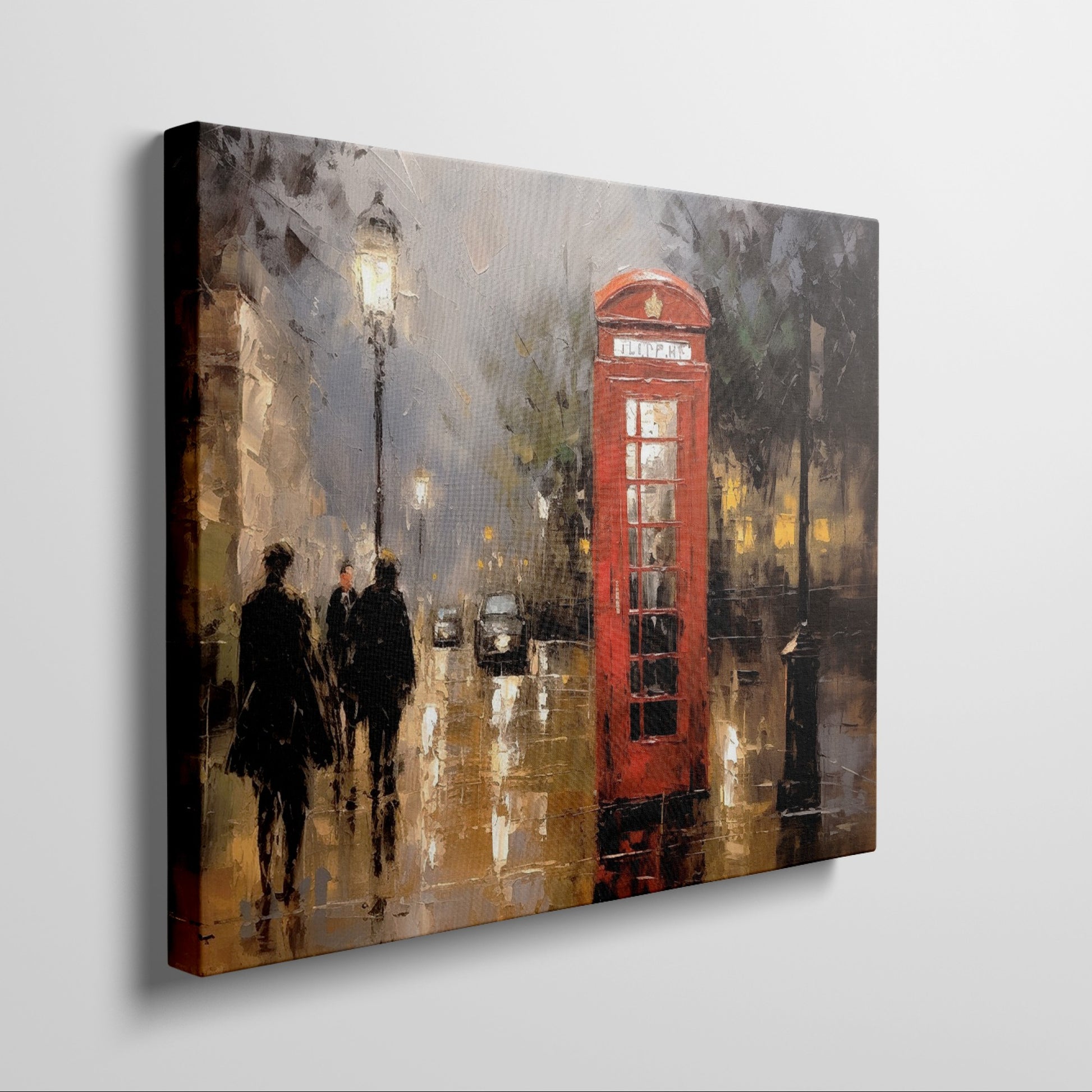 Framed canvas print of an impressionistic painting of a rainy London street with a red telephone box