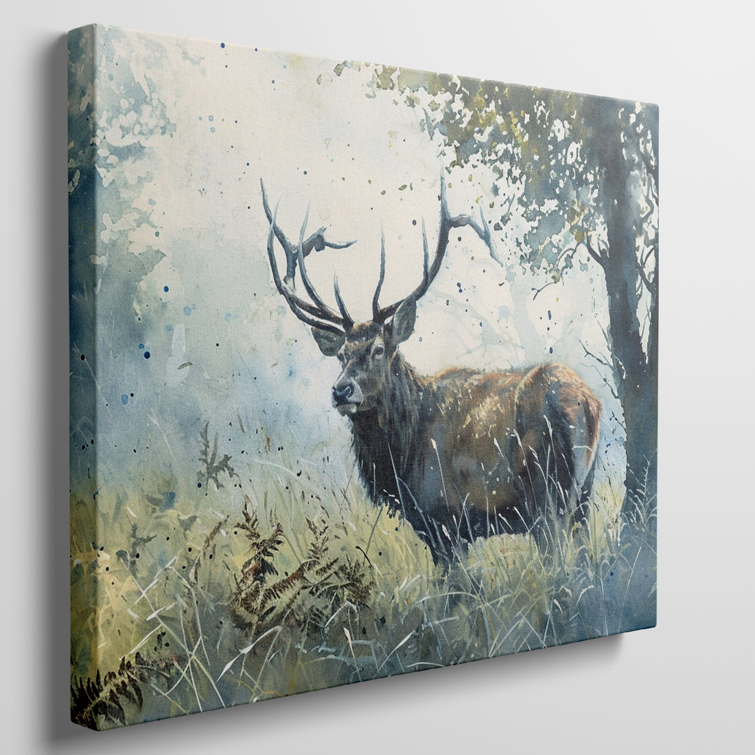 Framed canvas print of a watercolour stag in a serene woodland setting