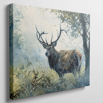 Framed canvas print of a watercolour stag in a serene woodland setting