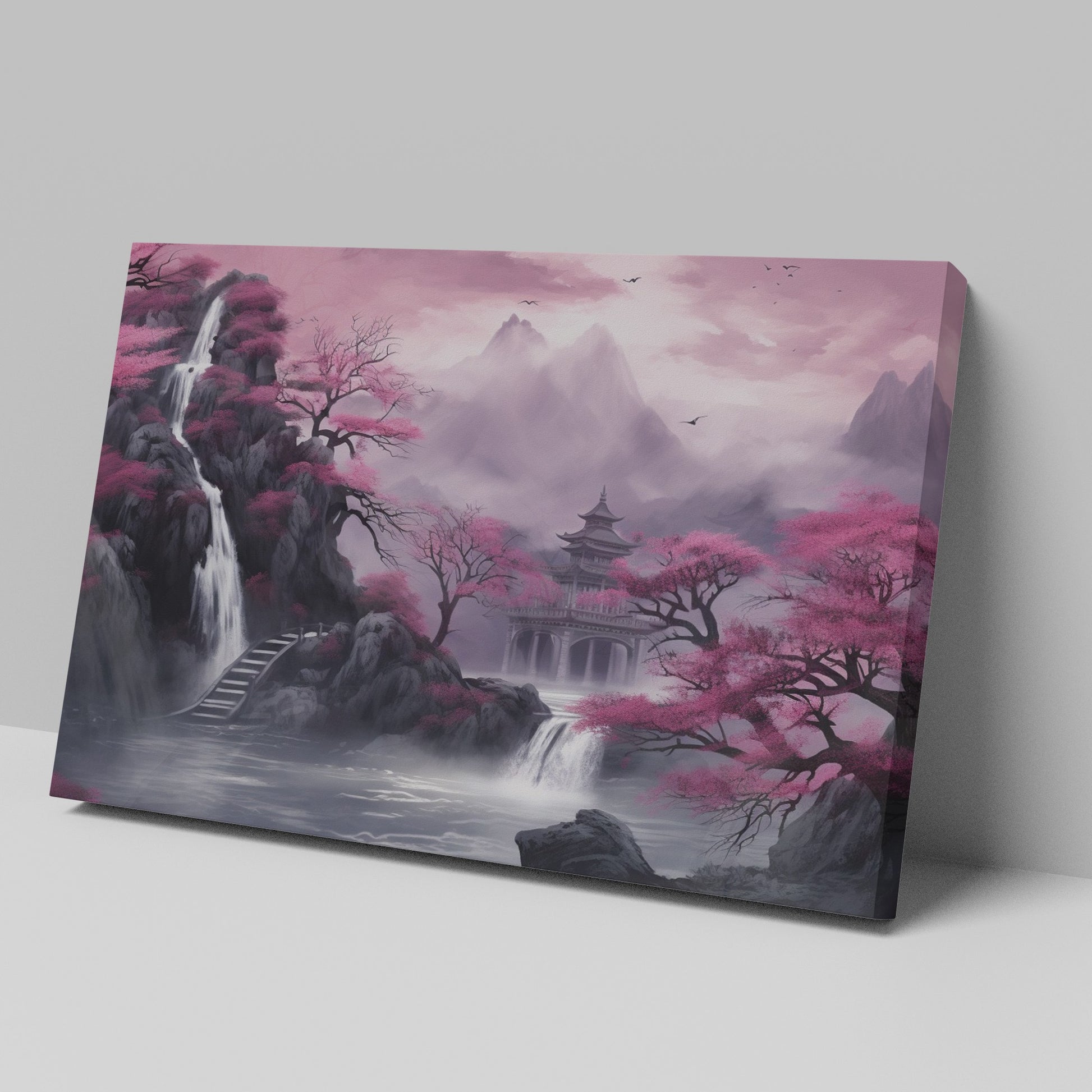 Framed canvas print of a misty oriental landscape with cherry blossoms and pagoda