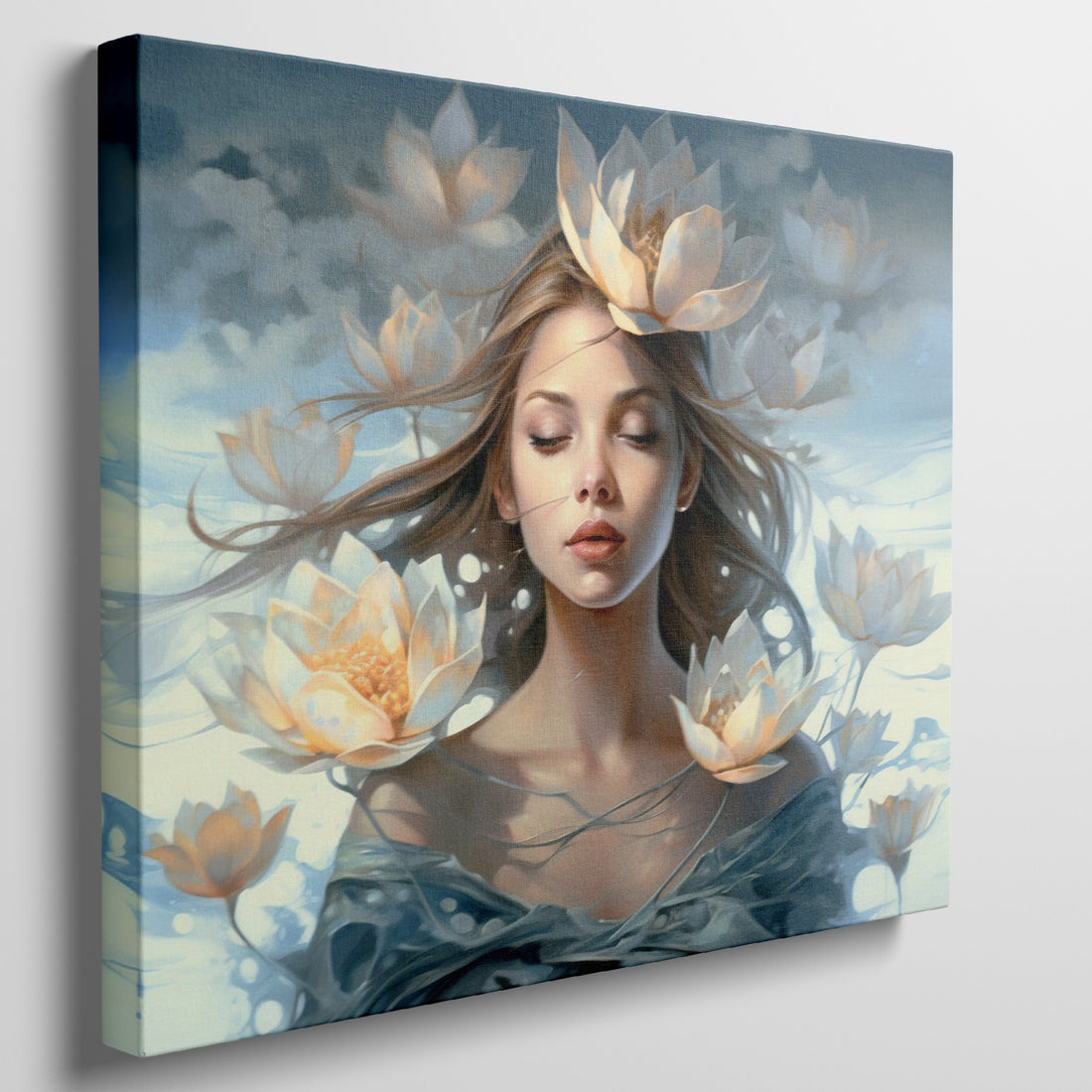 Framed canvas print of an ethereal woman with waterlilies and a dreamy blue palette