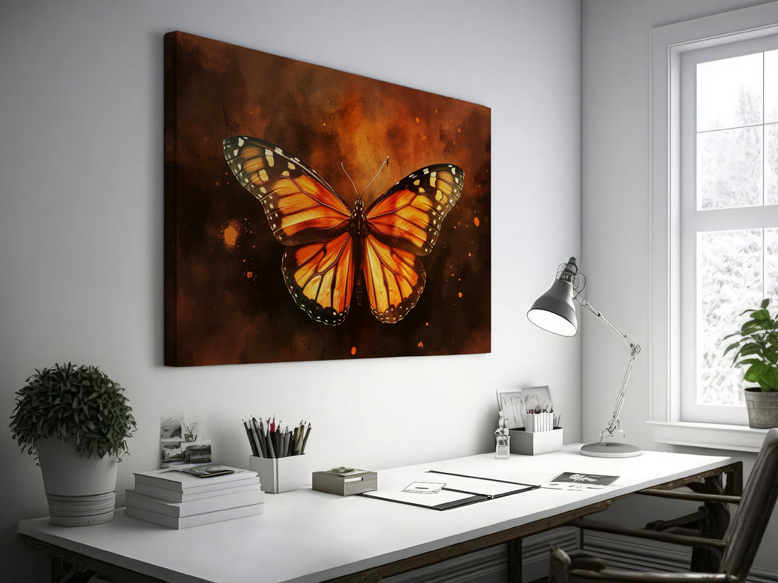 Canvas print of a Monarch butterfly with vibrant orange and black wings on an amber background