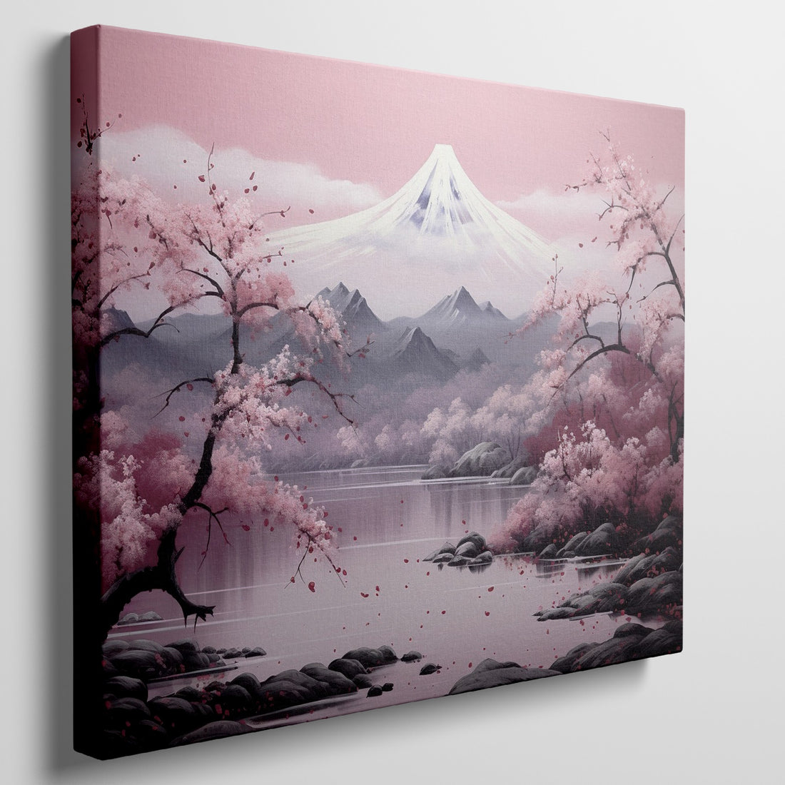 Framed canvas print of a serene pink cherry blossom scene with Mount Fuji in the background