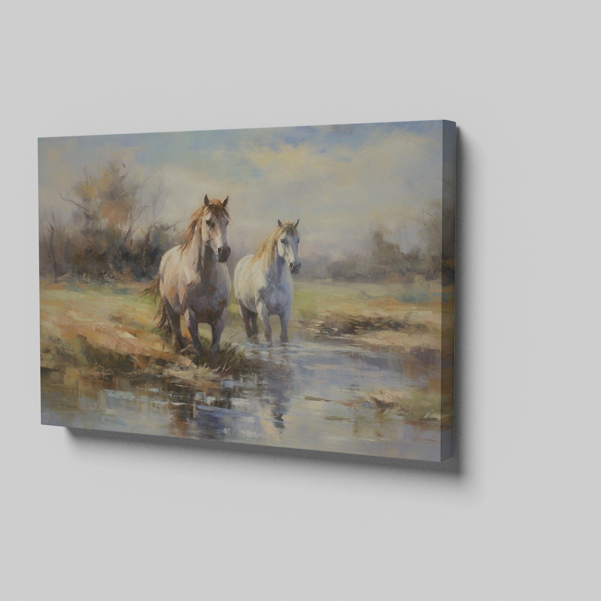 Framed canvas print of two horses by a creek in an impressionist style with warm autumn hues