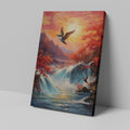 Framed canvas print of a waterfall and autumn trees with birds in flight against a sunset