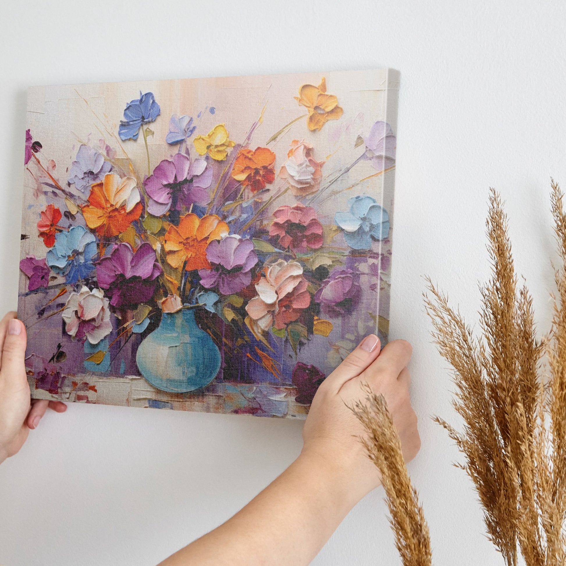 Framed canvas print of vibrant impasto bouquet in a vase with rich textures and colours