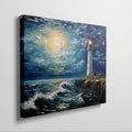 Framed canvas print of an impressionist lighthouse seascape with textured brushwork and dynamic ocean waves