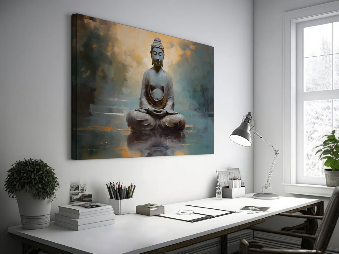 Framed canvas print of an abstract Buddha in meditation