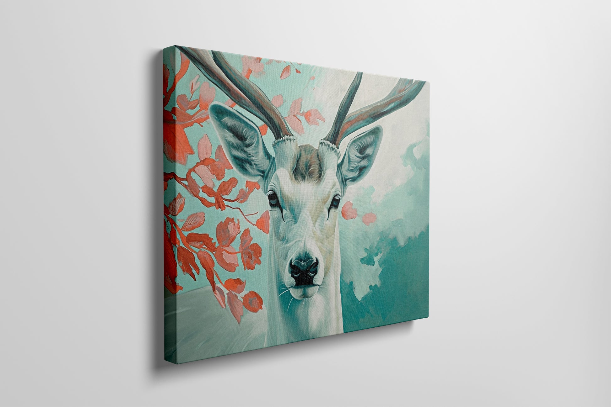 Framed canvas print of a serene stag with vibrant blue and red tones