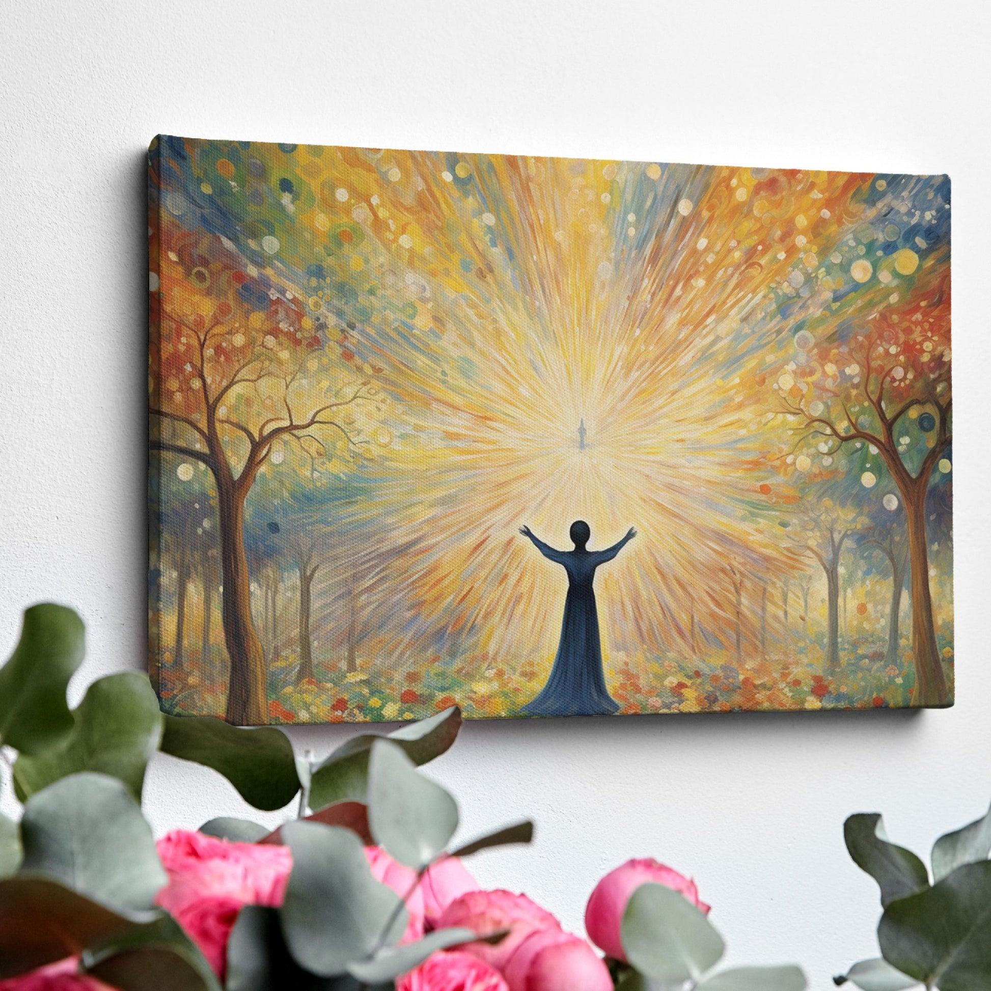 Framed canvas print of a figure silhouetted against a radiant background with mystical trees and glowing orbs.