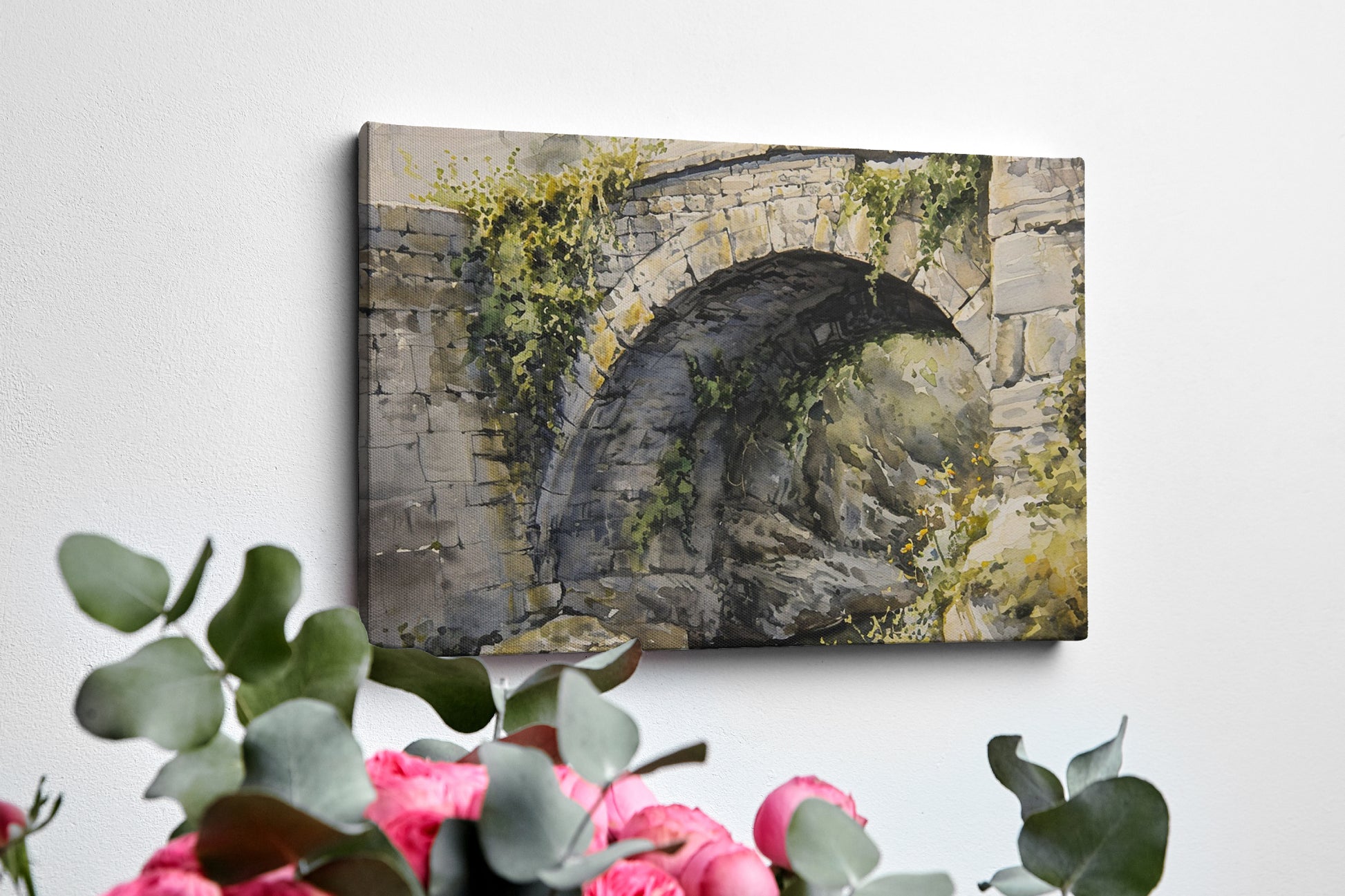 Framed canvas print of a rustic stone bridge with ivy in watercolour style