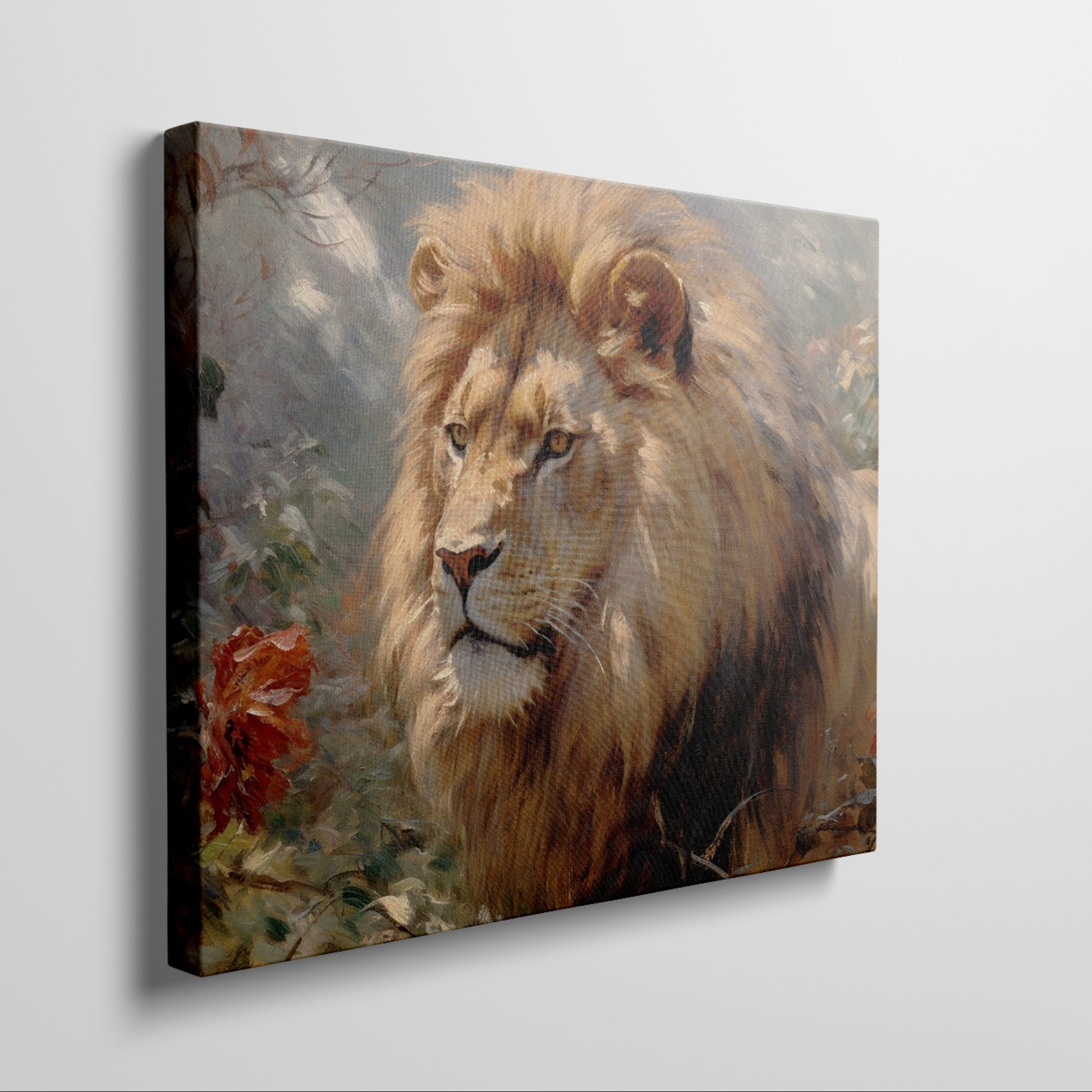 Framed canvas print of a realistic lion showcasing golden and warm earth tones, with detailed brushwork and a serene expression.