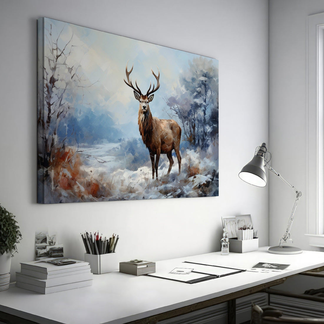 Framed canvas print of a majestic stag in a snowy wilderness, painted in impressionist style with a cool colour palette