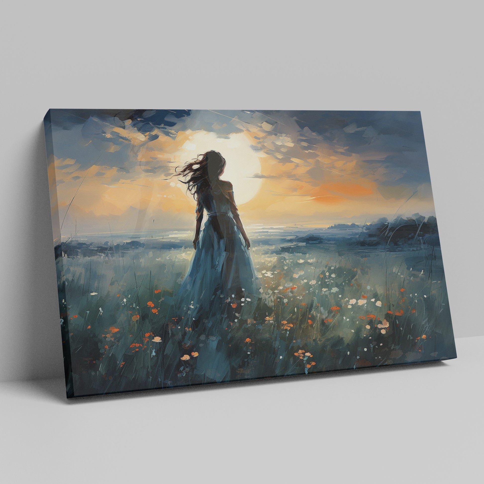 Framed canvas print of a figure in a meadow at sunset with dramatic sky and expressive brushstrokes