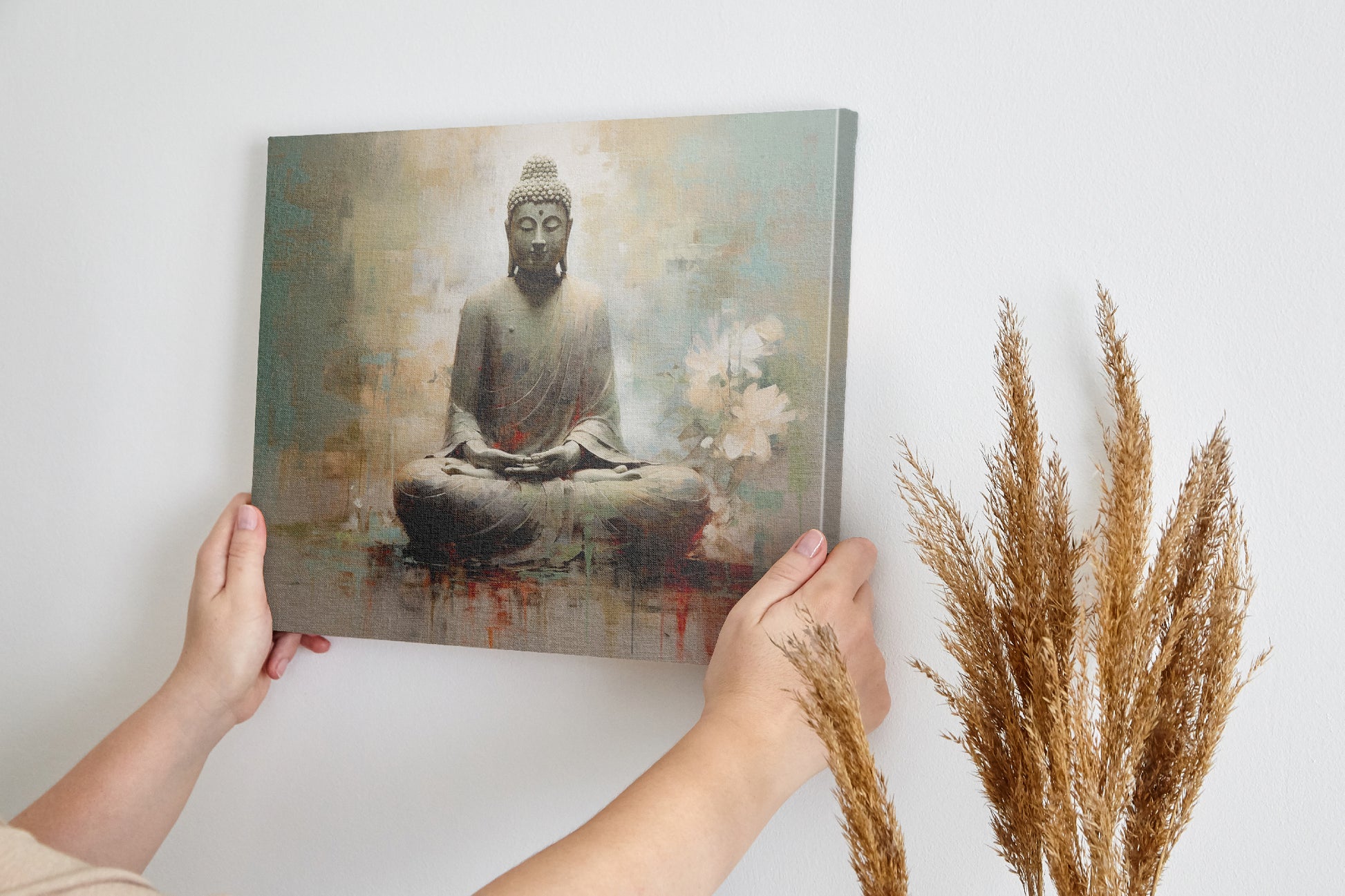 Framed canvas print of Buddha in meditation with abstract background and floral accents