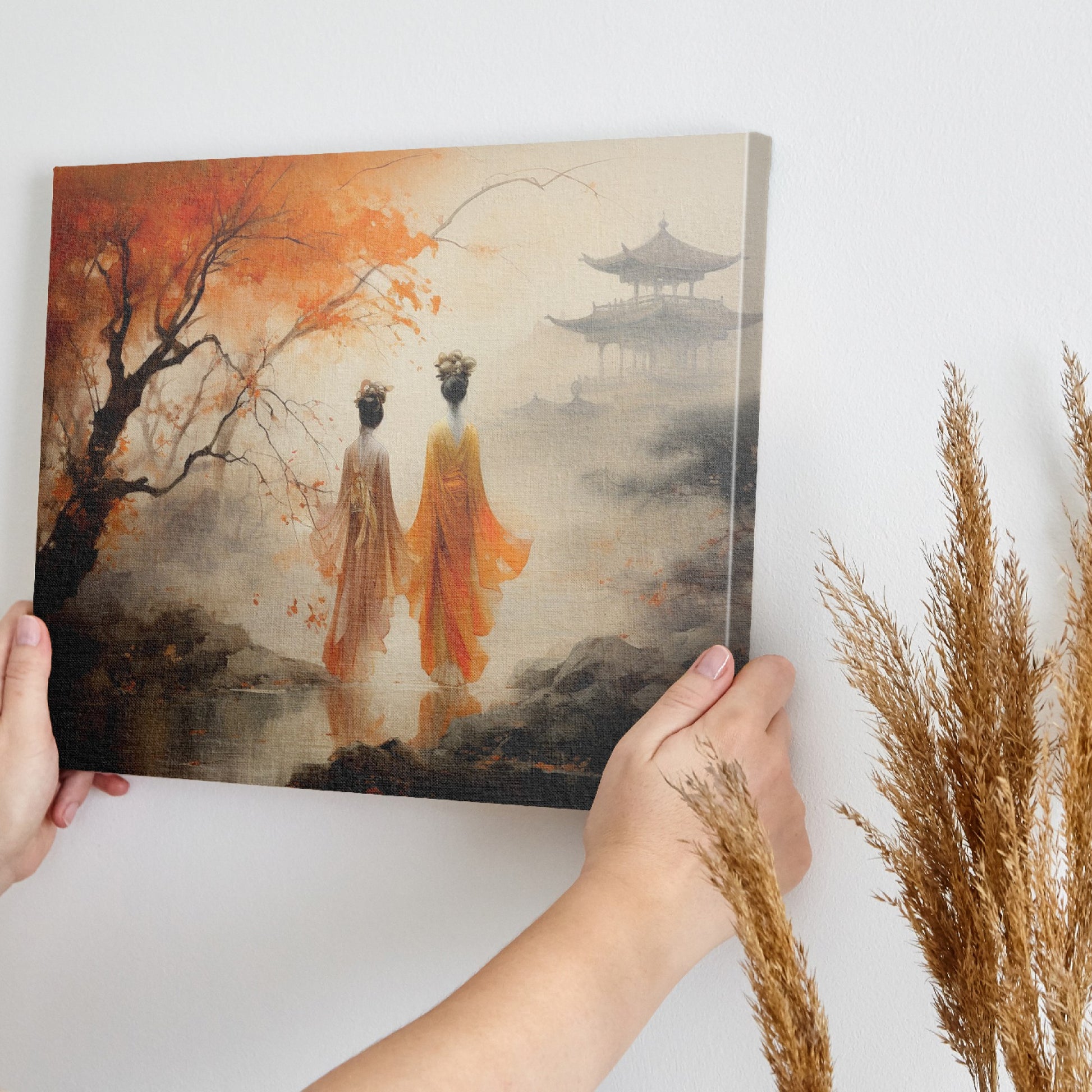 Framed canvas print of oriental scenery with two figures, autumn trees, and a pagoda