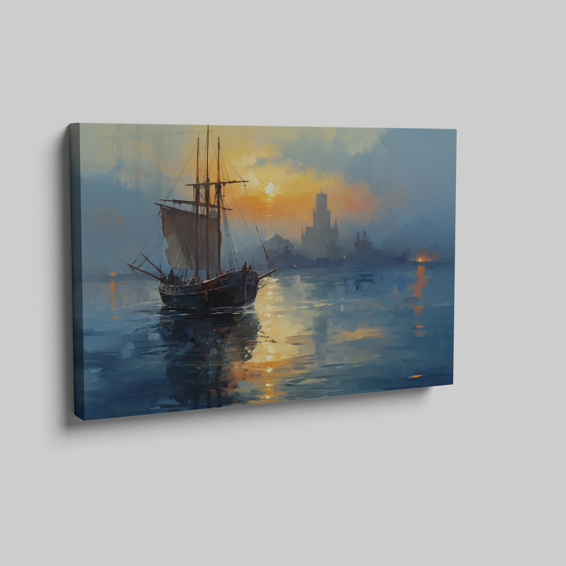 Impressionist Canvas Print of a Sailing Ship at Sunset with Golden and Blue Hues