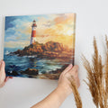 Framed canvas print of a vivid impressionist lighthouse at sunset with dynamic ocean waves