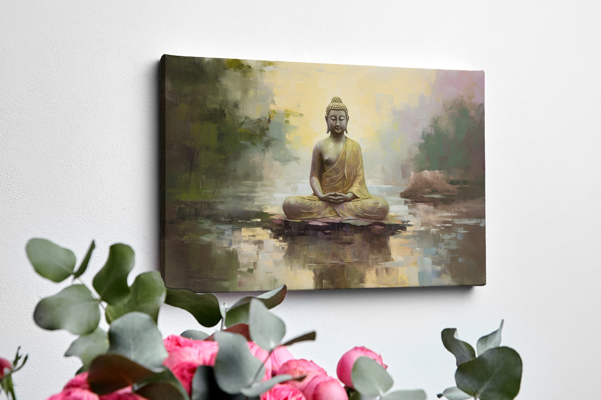 Framed canvas print of a serene golden Buddha seated by water with impressionistic background