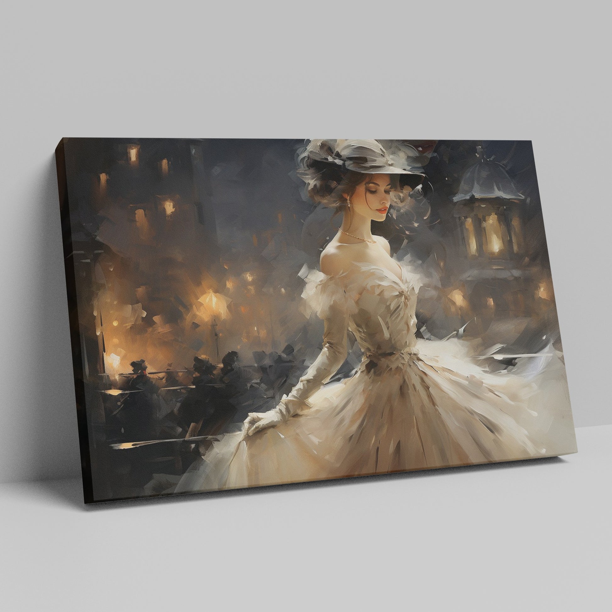 Framed canvas print of an elegant Victorian lady in a dress with Parisian night background