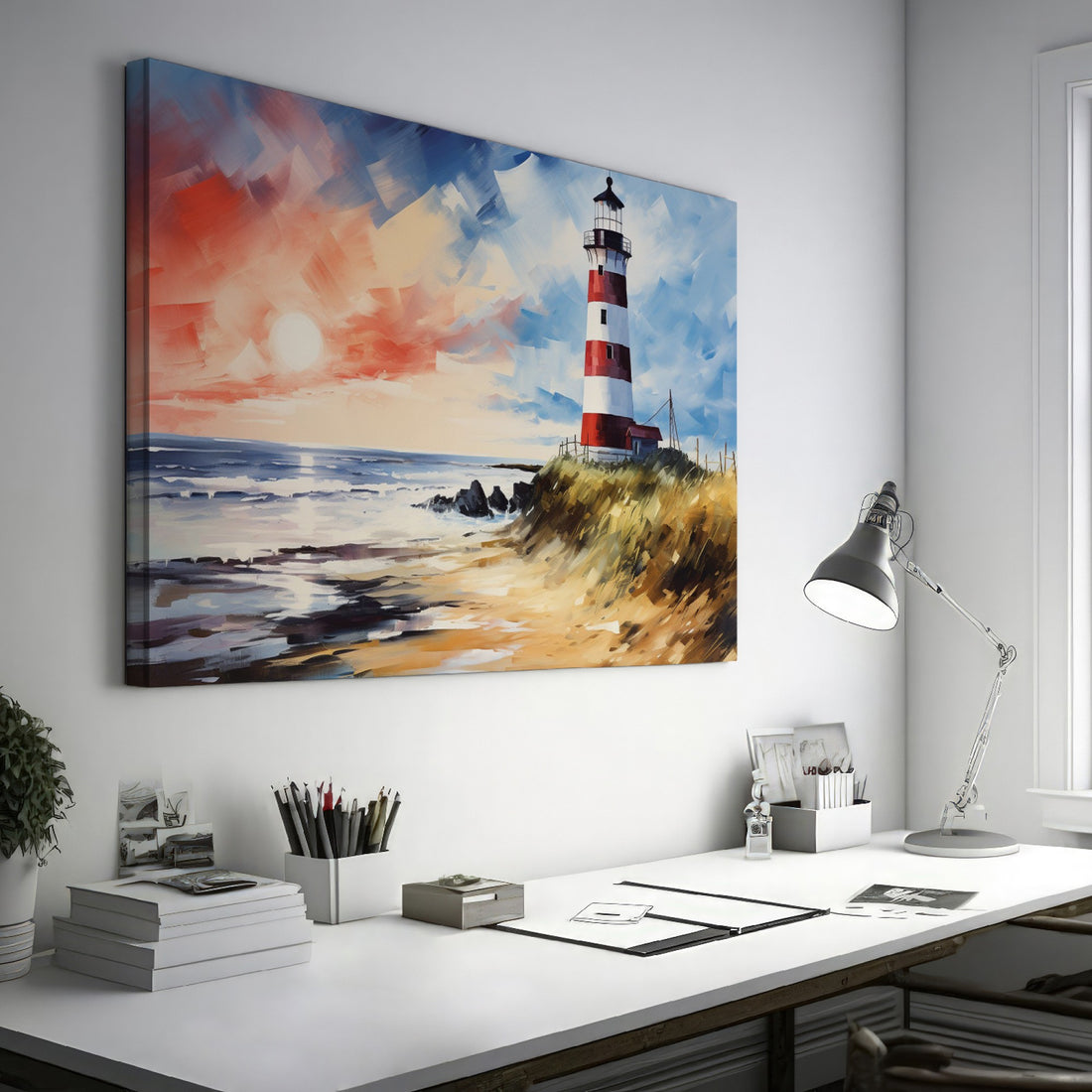 Impressionistic painting of a red and white lighthouse at sunset with vivid blue and orange sky