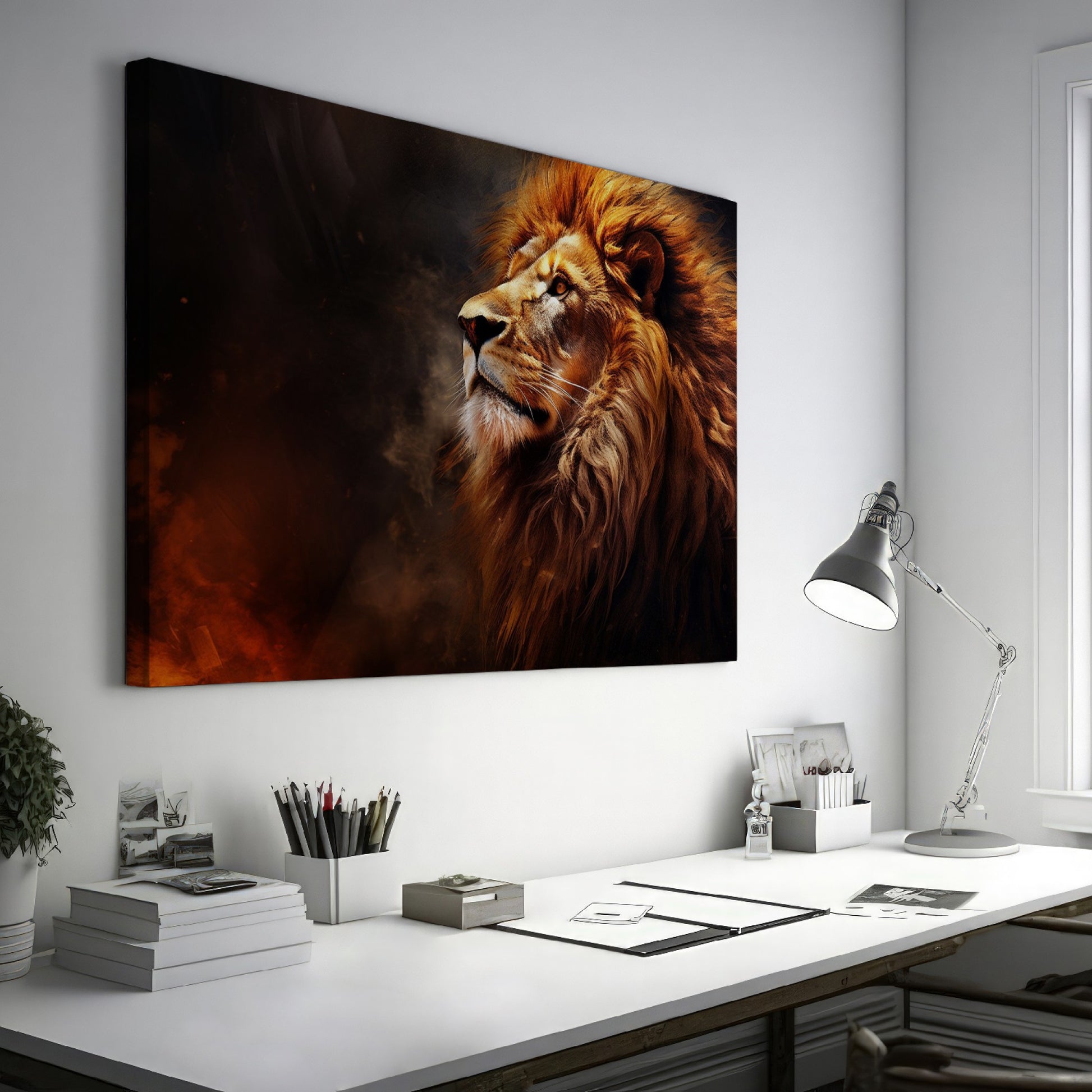 Framed canvas print of a realistic lion portrait with fiery mane