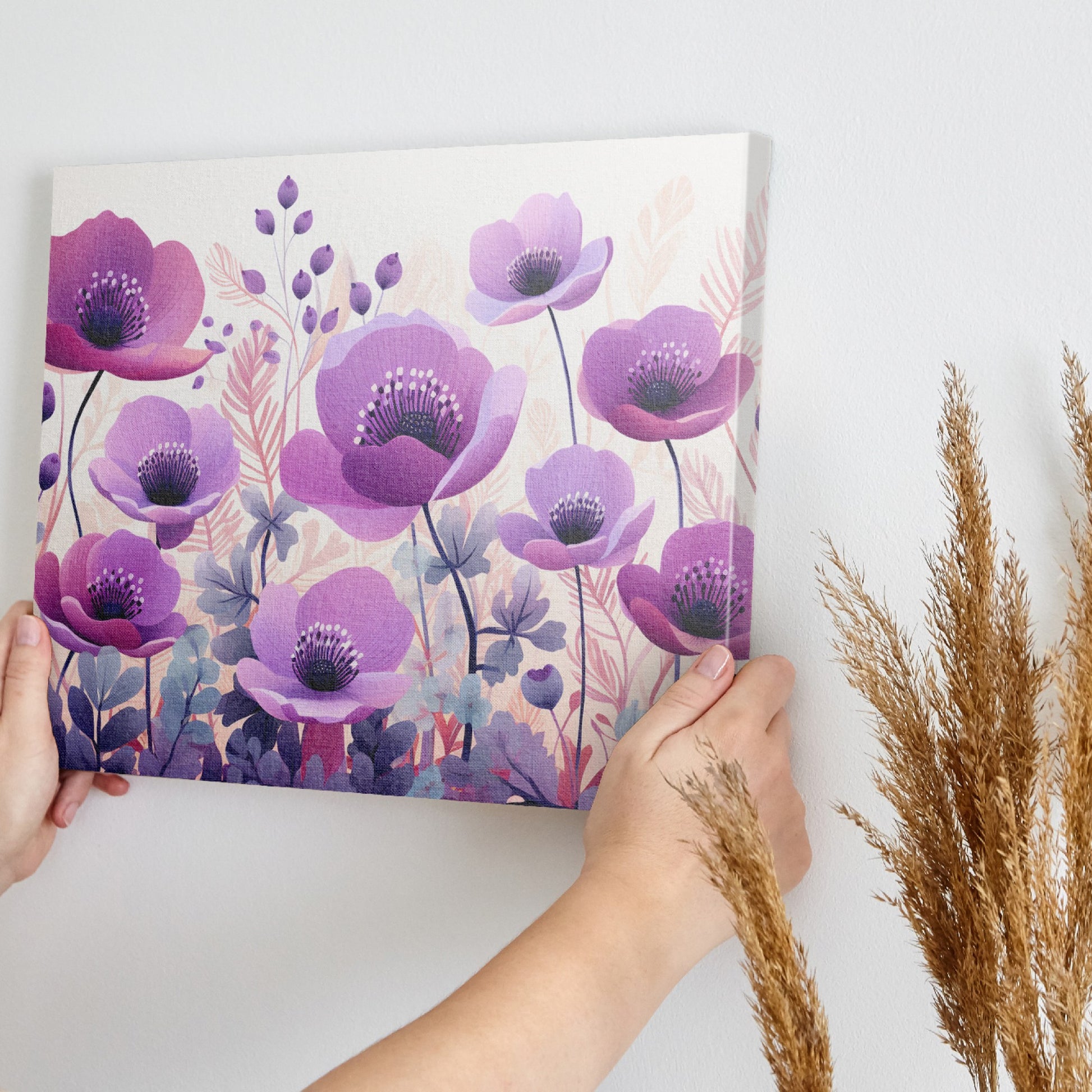 Framed canvas print of stylised anemone flowers in lavender and mauve hues