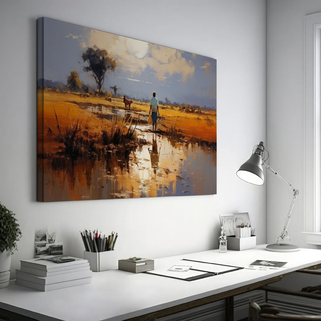 Framed canvas print of a tranquil African savannah landscape with warm sunset and water reflections