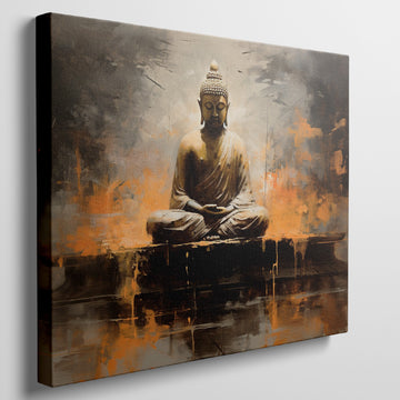 Framed canvas print of a serene Buddha in abstract style with warm orange and brown tones